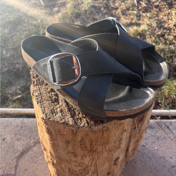 Birkenstock Women's Black Crisscross Cork Slide Sandals with Silver Buckle - Picture 2 of 4